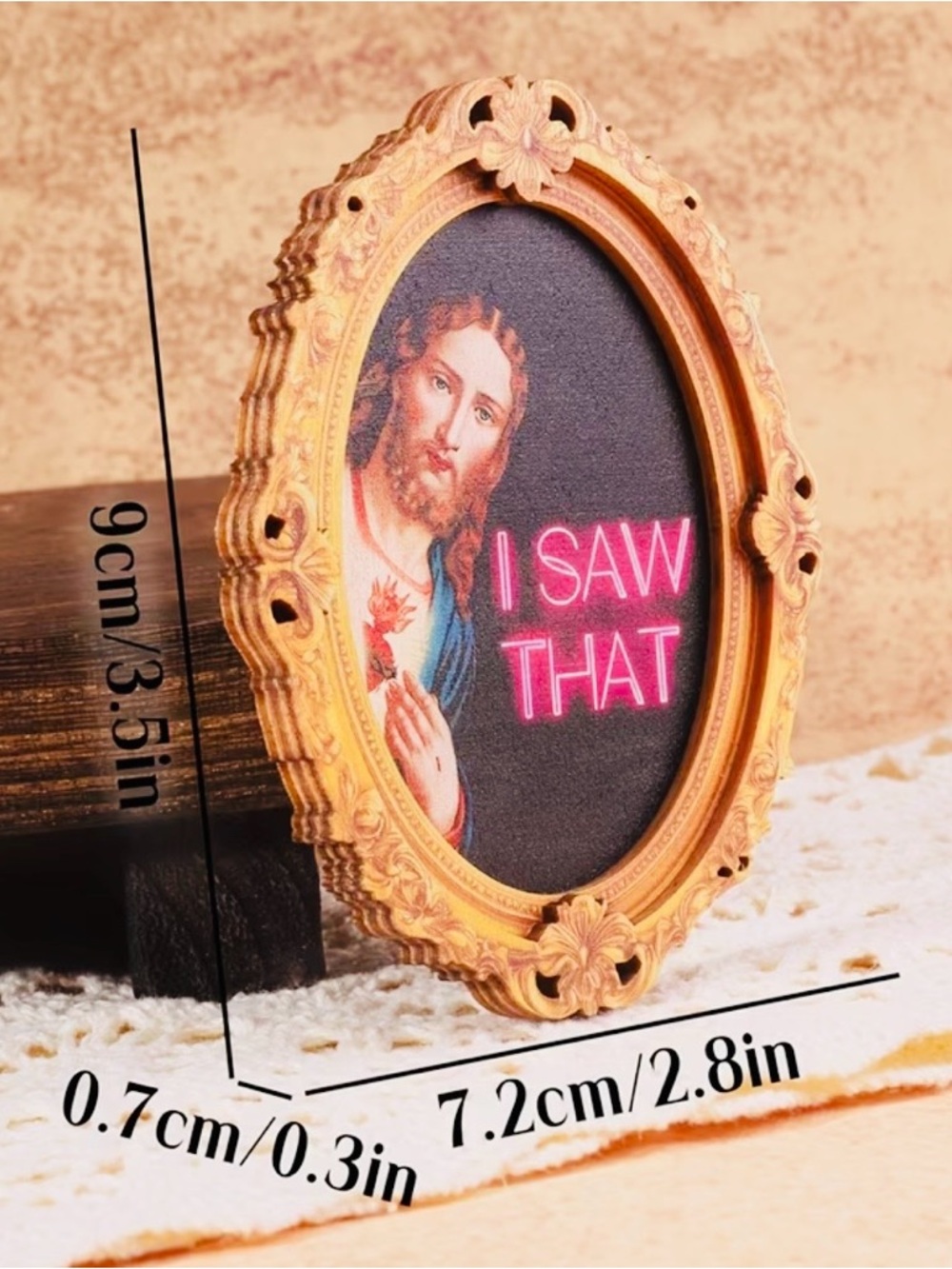 Vintage Gold Oval Frame Pin with 'I SAW THAT' Religious Art